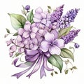 Watercolor drawing of beautiful lilac bouquet and white butterfly.