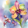 watercolor drawing of beautiful rainbow orchid, on a wintry background.