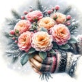 watercolor drawing of beautiful rainbow rose, on a wintry background.