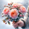 watercolor drawing of beautiful rainbow rose, on a wintry background.