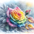 watercolor drawing of beautiful rainbow rose, on a wintry background.