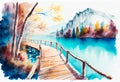 Watercolor drawing of Beautiful view of lake with Wooden boardwalk bridge, green trees, National park Plitvice Lakes, Croatia