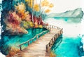 Watercolor drawing of Beautiful view of lake with Wooden boardwalk bridge, green trees, National park Plitvice Lakes, Croatia