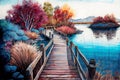 Watercolor drawing of Beautiful view of lake with Wooden boardwalk bridge, green trees, National park Plitvice Lakes, Croatia