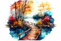 Watercolor drawing of Beautiful view of lake with Wooden boardwalk bridge, green trees, National park Plitvice Lakes, Croatia