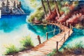 Watercolor drawing of Beautiful view of lake with Wooden boardwalk bridge, green trees, National park Plitvice Lakes, Croatia