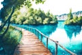 Watercolor drawing of Beautiful view of lake with Wooden boardwalk bridge, green trees, National park Plitvice Lakes, Croatia