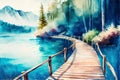 Watercolor drawing of Beautiful view of lake with Wooden boardwalk bridge, green trees, National park Plitvice Lakes, Croatia Royalty Free Stock Photo