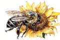 Watercolor drawing of a bee pollinating a sunflower on a white background Generative AI animal ai Royalty Free Stock Photo