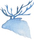 Watercolor drawing of blue gray head silhouette with christmas deer antlers isolated on white background Royalty Free Stock Photo