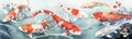 a blue pond with red koi fish. horizontal banner with Japanese colored carp swimming in a pond. Royalty Free Stock Photo