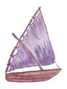 Watercolor drawing of a boat with a purple sail