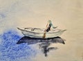 watercolor drawing of a boat in a wet pond,lake,sea,river sports Royalty Free Stock Photo