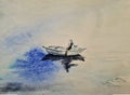 watercolor drawing of a boat in a wet pond,lake,sea,river Royalty Free Stock Photo