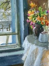 Watercolor drawing of bouquet colorful wildflowers in ceramic vase on table by window with winter landscape outside