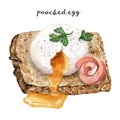 Watercolor drawing of breakfast - poached egg on toast with salmon