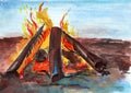 Watercolor drawing of a bright burning bonfire on the background of the sea.