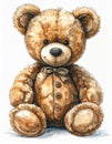 Watercolor Drawing of Brown Teddy Bear with Bow Tie and Button Details on White Background Royalty Free Stock Photo