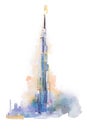 Watercolor drawing of Burj Khalifa tower in Dubai