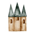 watercolor drawing of a castle on a white background. princess tower for printing on posters and cards