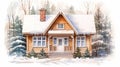 Charming Wooden Rustic Cottage Winter Scene Snow Watercolor Illustration