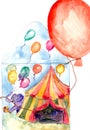 Watercolor drawing circus tent, elephant, balloons on an envelope Royalty Free Stock Photo