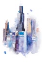 Watercolor drawing cityscape big city downtown, aquarelle painting.