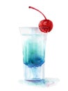 Watercolor drawing cocktail glass with cherry, blue shot