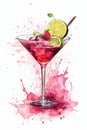 Watercolor drawing of a cocktail in a glass, lime and raspberries in splashes.