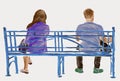 Watercolor drawing of couple casual townspeople sitting on blue park bench on summer day Royalty Free Stock Photo