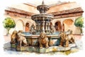 Watercolor drawing of the Court of the Lions of the Alhambra in Granada. Royalty Free Stock Photo