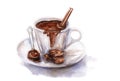 Watercolor drawing a cup of hot chocolate with chocolate