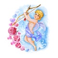 Watercolor drawing of cupid, love angel with wings in the sky. Saint Valentine's Day greeting card design. Add your text Royalty Free Stock Photo