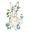 Watercolor drawing cute easter bunny, rabbit and spring flowers. isolated on white background clipart, decoration for the holiday
