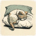 Watercolor drawing of a cute sleeping kitten. Little kitten sleeps on pillows