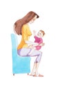 Watercolor drawing of cute smiling little baby boy sitting on mother s lap Royalty Free Stock Photo