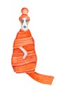 Watercolor drawing of cute whippet puppy wearing little knitted hat with pompom and big cozy scarf. Royalty Free Stock Photo