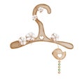 Watercolor drawing of a cute wooden hanger decorated with cotton flowers with a rattle. Pretty illustration for baby