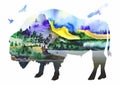 Watercolor drawing, double exposure with bison Royalty Free Stock Photo