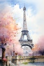 Watercolor drawing of the Eiffel Tower. Generative AI,