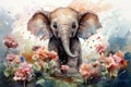 Watercolor drawing of an elephant in a meadow full of flowers Royalty Free Stock Photo