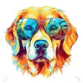 Watercolor drawing of the face of a golden retriever dog with glasses, AI generative rendering