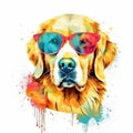 Watercolor drawing of the face of a golden retriever dog with glasses, AI generative rendering