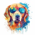 Watercolor drawing of the face of a golden retriever dog with glasses, AI generative rendering