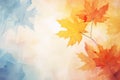 Watercolor drawing falling autumn multicolored maple foliage on light defocused background. Natural backgdrop with copy space. Royalty Free Stock Photo