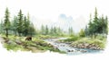 Watercolor Drawing Of Fir Forest, Bear, Lake And River In Summer