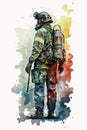 Watercolor drawing of firefighter wearing fire fighter suit for safety, vector illustration