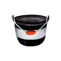 Watercolor drawing fishing bucket, black and white with red handle. Angling gear for wallpapers, logo, banners, icon