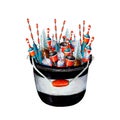 Watercolor drawing fishing bucket, black and white with red handle. Full of various bobblers. Angling gear for