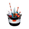 Watercolor drawing fishing bucket, black and white with red handle, full of various bobblers. Angling gear for